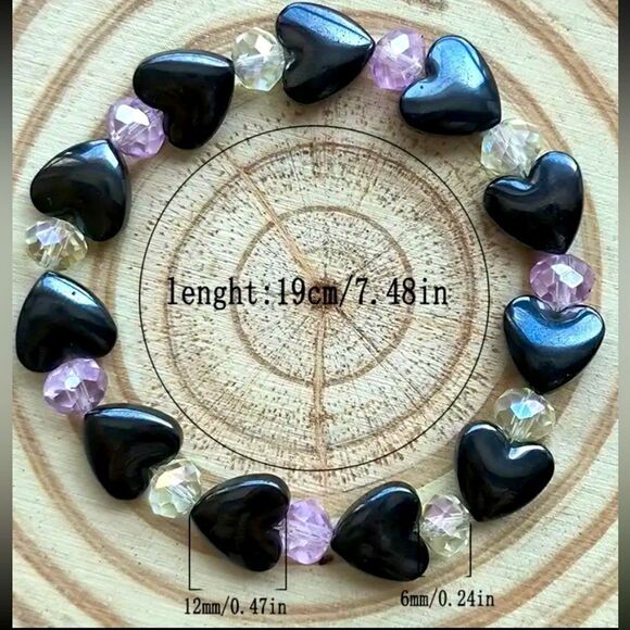 ✨🆕✨ Natural Stones Black Hematite Heart Purple + Iridescent Spacers Bracelet✨ - Picture 10 of 15
